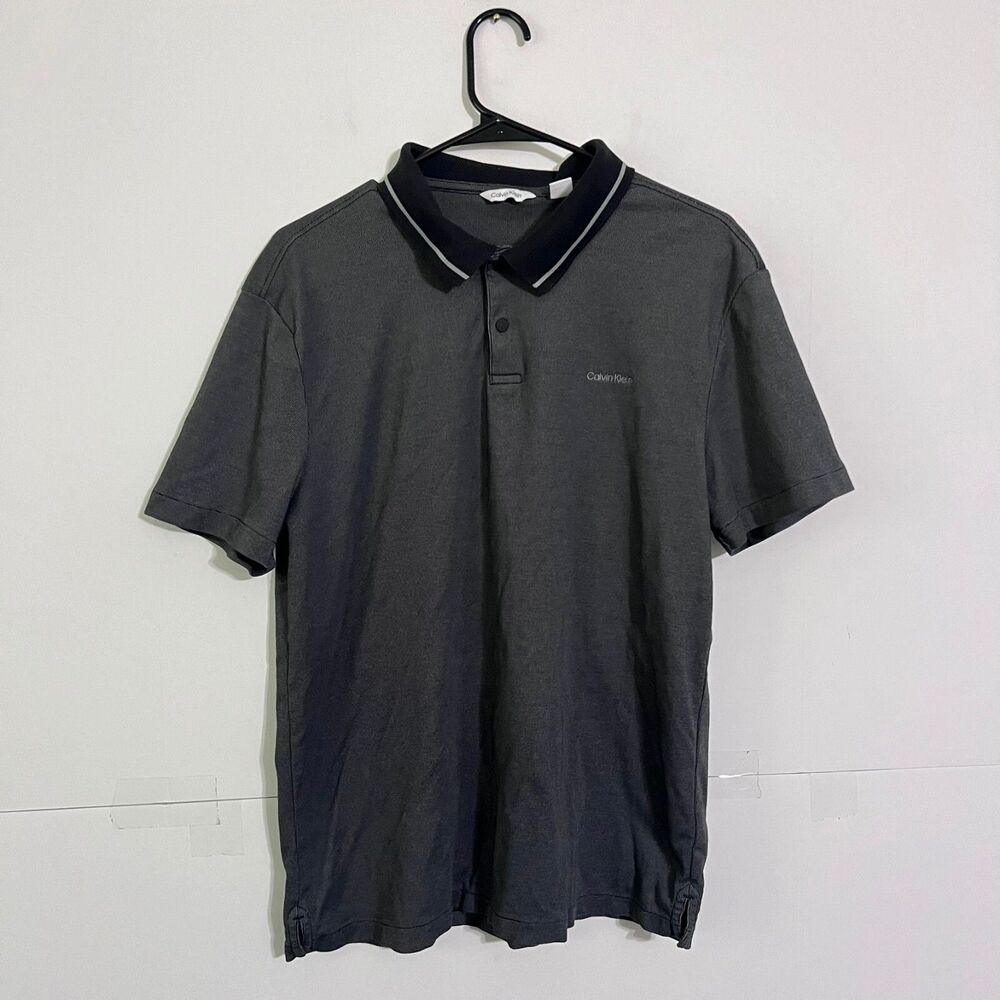 Calvin Klein Mens Button Snap Polo Shirt Size L Grey Embroidered Logo